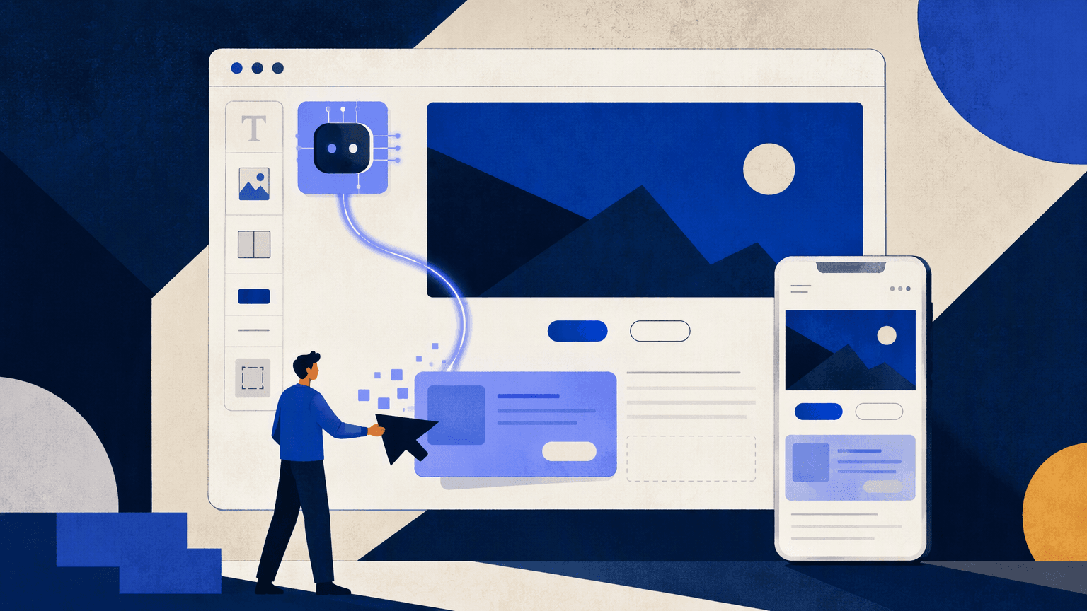 Designer arranging an AI-generated website component beside a mobile preview.