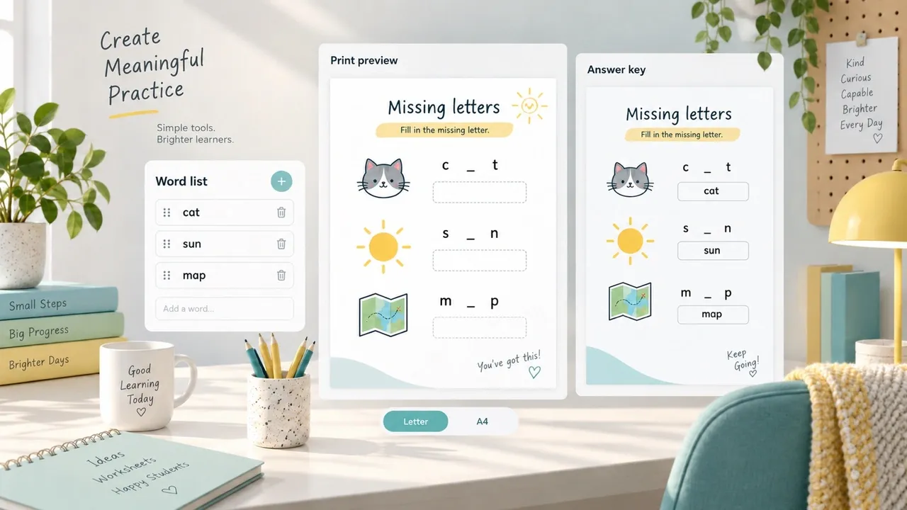Conceptual worksheet-builder interface with word list, print preview, and answer key.