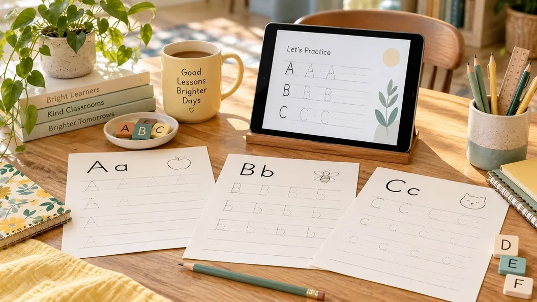 A bright, beautifully arranged teacher planning desk