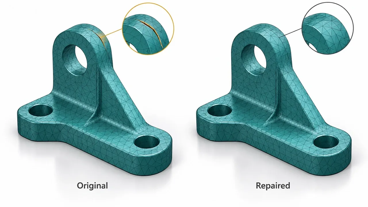 Conceptual comparison of a bracket mesh before and after closing a surface gap while preserving functional holes.