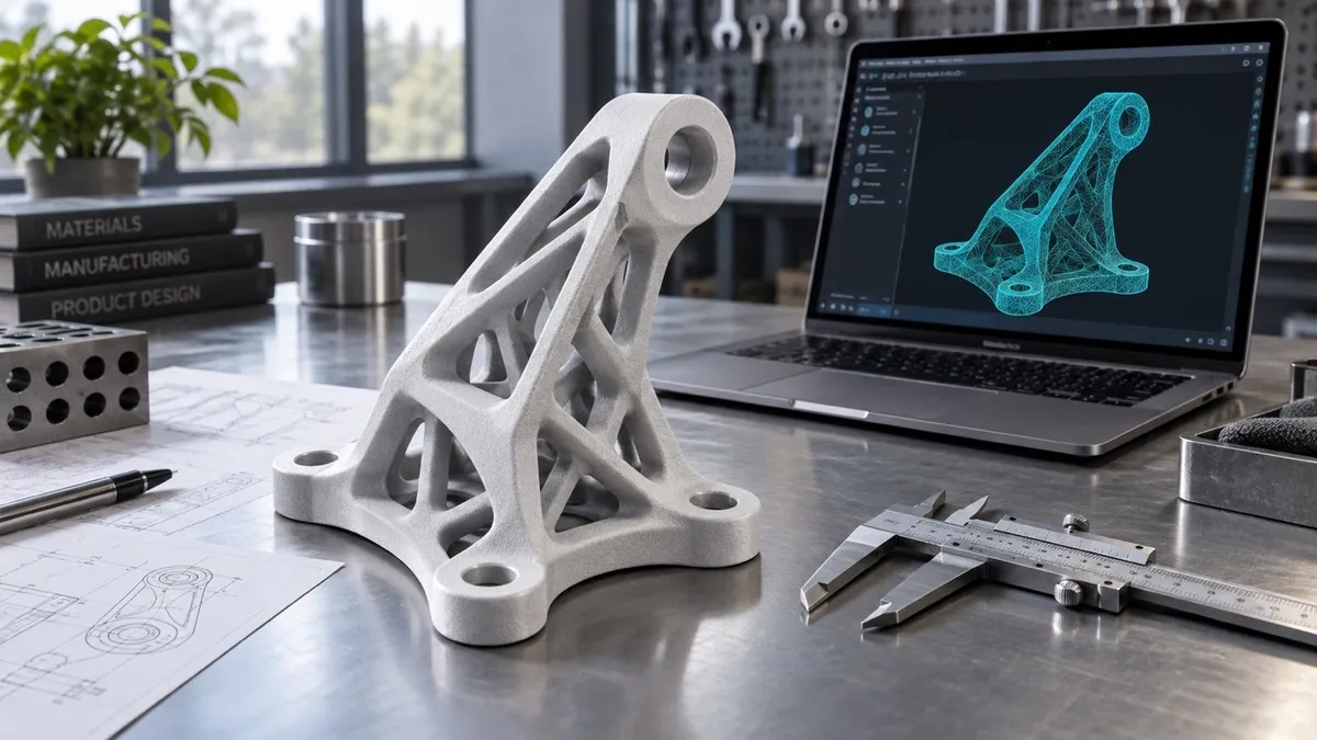 An engineering workbench with a 3D-printed bracket, caliper, and matching teal mesh preview.
