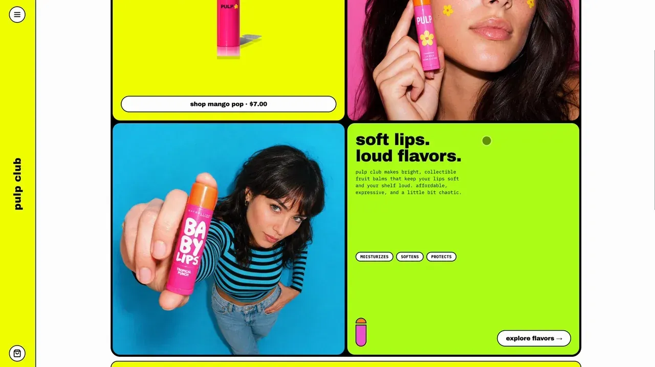 Create a colorful beauty shop where visitors can browse flavors, add products, and recognize the brand at a glance.