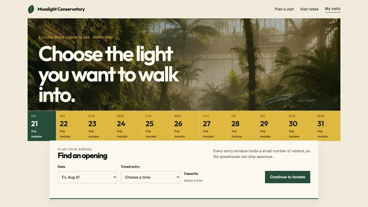Build a conservatory booking app with timed entry, ticket choices, and a confirmation flow.