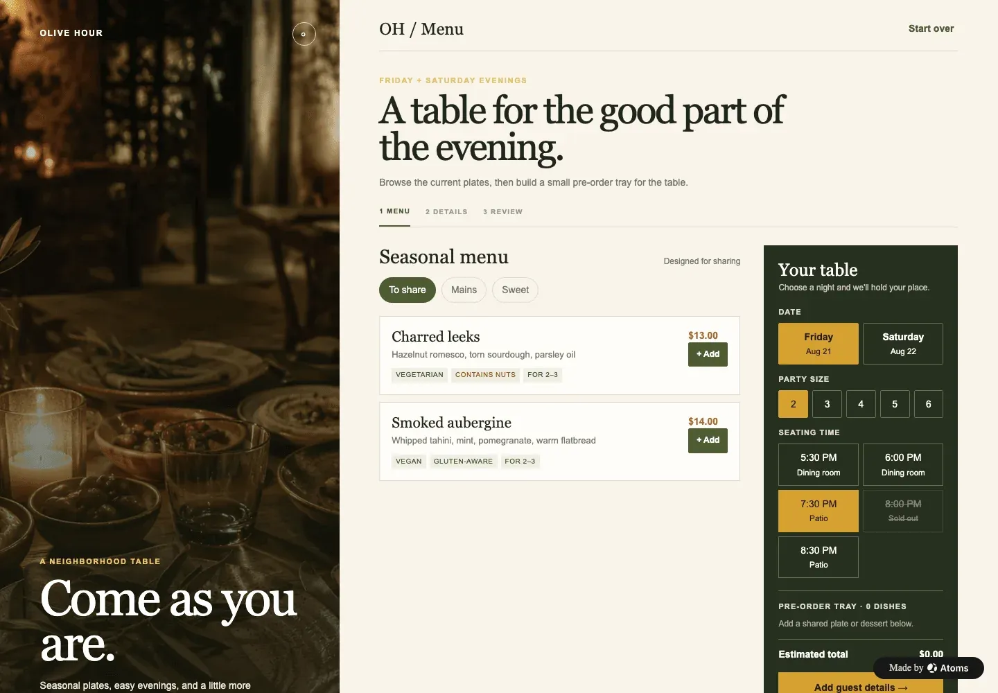 Olive Hour — ตัวอย่างที่สร้างด้วย Atoms