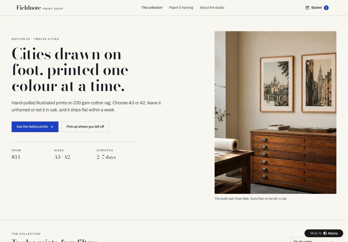Fieldnote Print Shop — example built with Atoms