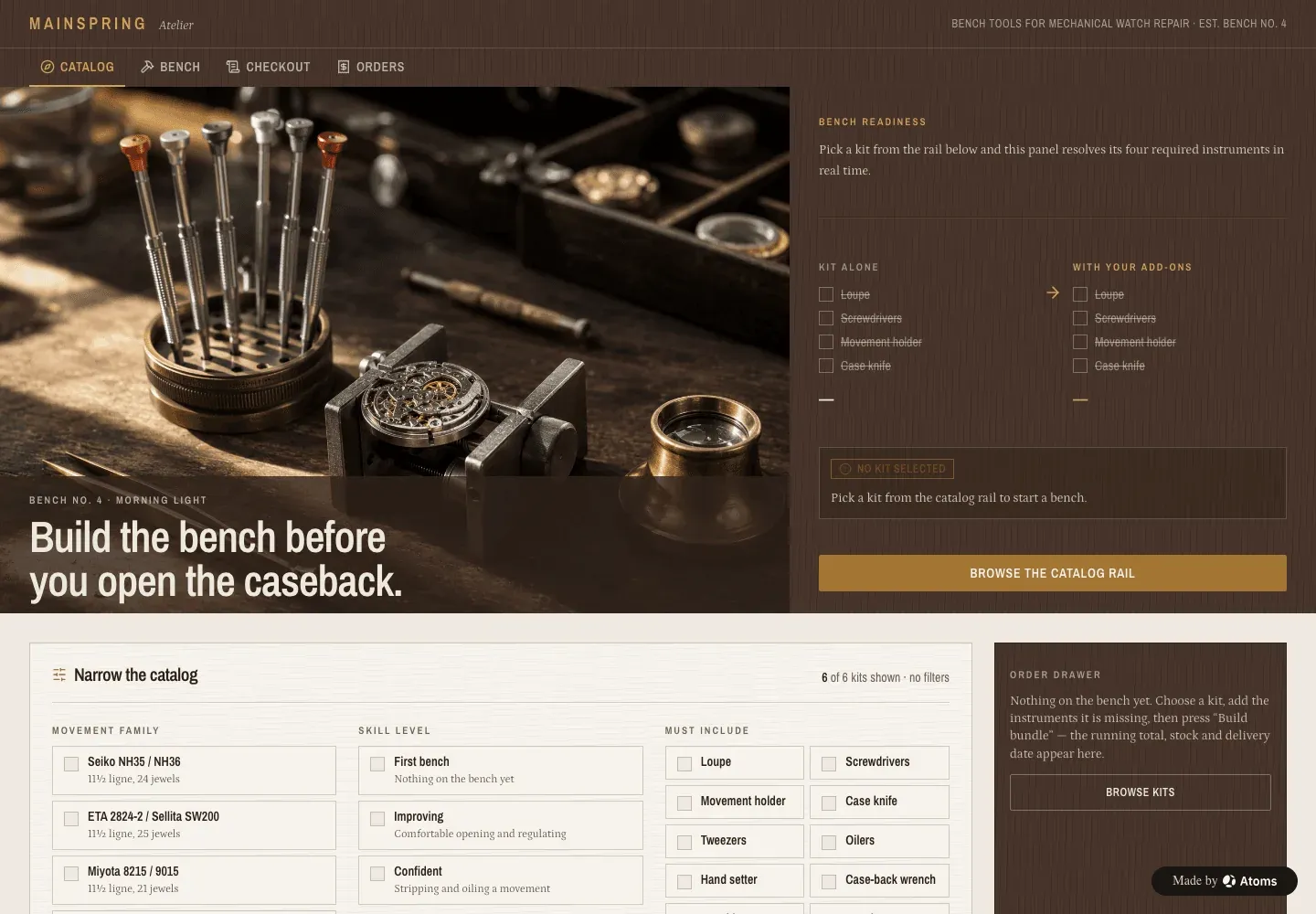 Mainspring Atelier — example built with Atoms