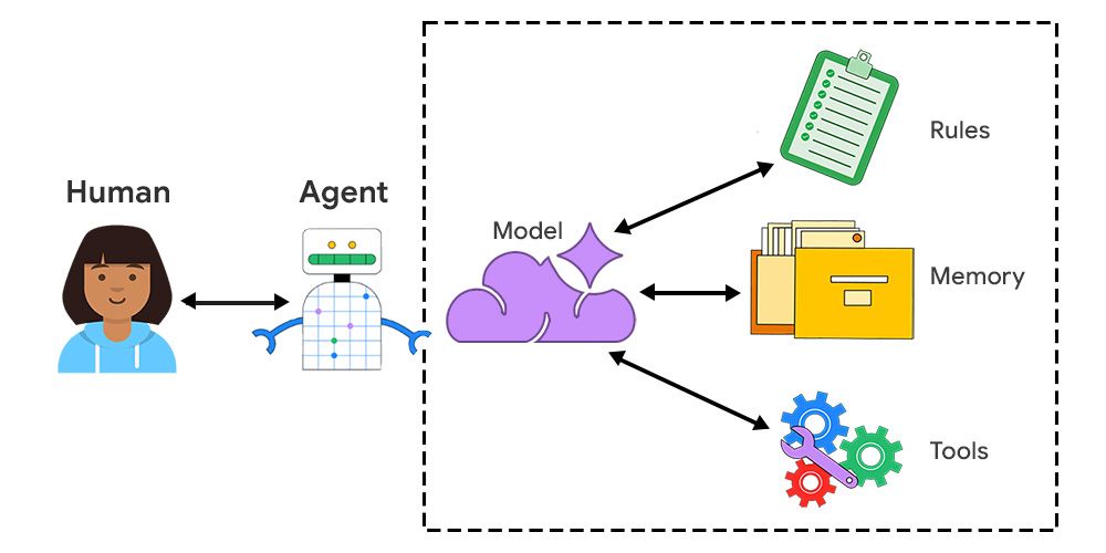 Human, agent, model, rules, memory, and tools